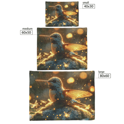 Hummingbird Resting Peacefully on Mossy Glowing Rock Surrounded by Fireflies and Soft Mist in Glowing Meadow Fleece Sherpa Blanket - Awakening Righteousness