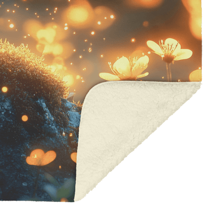 Hummingbird Resting Peacefully on Mossy Glowing Rock Surrounded by Fireflies and Soft Mist in Glowing Meadow Fleece Sherpa Blanket - Awakening Righteousness