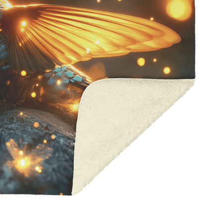 Hummingbird Resting Peacefully on Mossy Glowing Rock Surrounded by Fireflies and Soft Mist in Glowing Meadow Fleece Sherpa Blanket - Awakening Righteousness