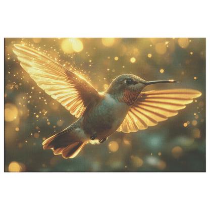 Hummingbird With Glowing Translucent Wings Flying In Forest With Sunlight Beams And Golden Mist Canvas Wall Art Decor - Awakening Righteousness