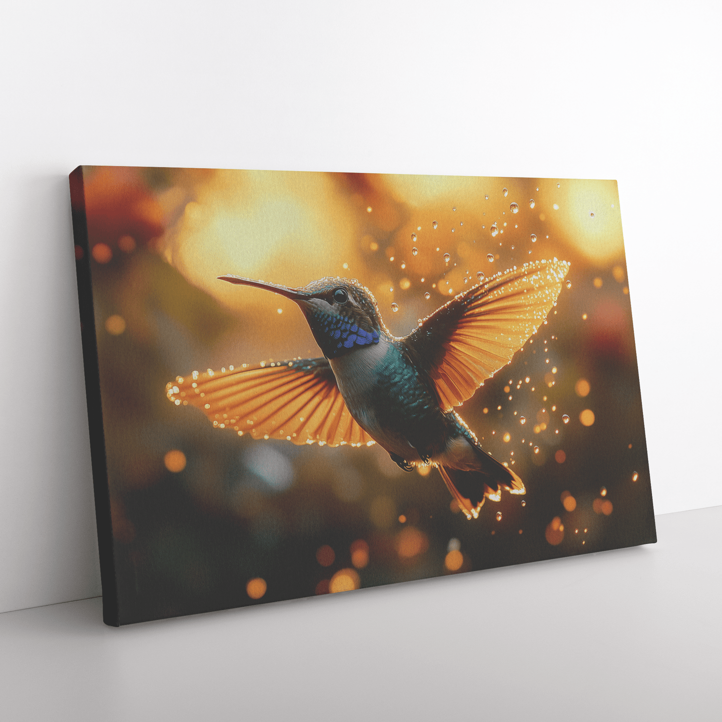 Hummingbird With Iridescent Feathers Flying In Glowing Rainstorm Illuminated By Sunlit Raindrops Canvas Wall Art Decor - Awakening Righteousness