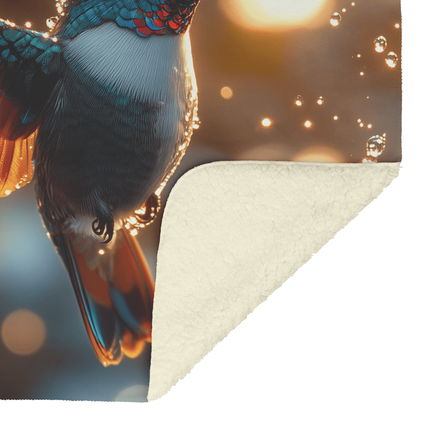 Hummingbird With Iridescent Feathers Flying Through Glowing Rainstorm Illuminated by Sunlight Reflecting on Raindrops Fleece Sherpa Blanket - Awakening Righteousness