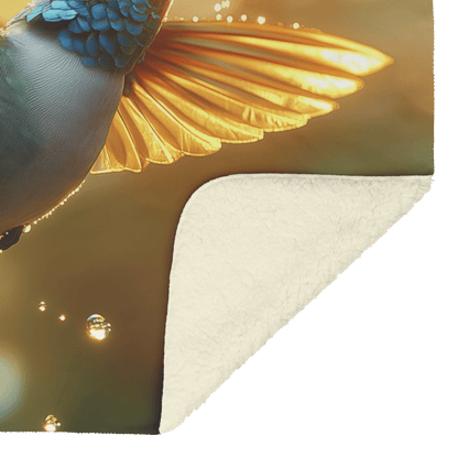 Hummingbird With Iridescent Feathers Flying Through Glowing Rainstorm Illuminated by Sunlight Reflecting on Raindrops Fleece Sherpa Blanket - Awakening Righteousness