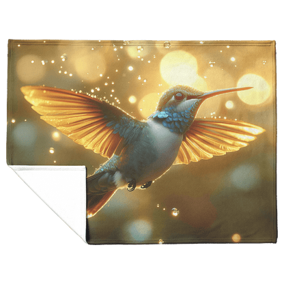 Hummingbird With Iridescent Feathers Flying Through Glowing Rainstorm Illuminated by Sunlight Reflecting on Raindrops Fleece Sherpa Blanket - Awakening Righteousness