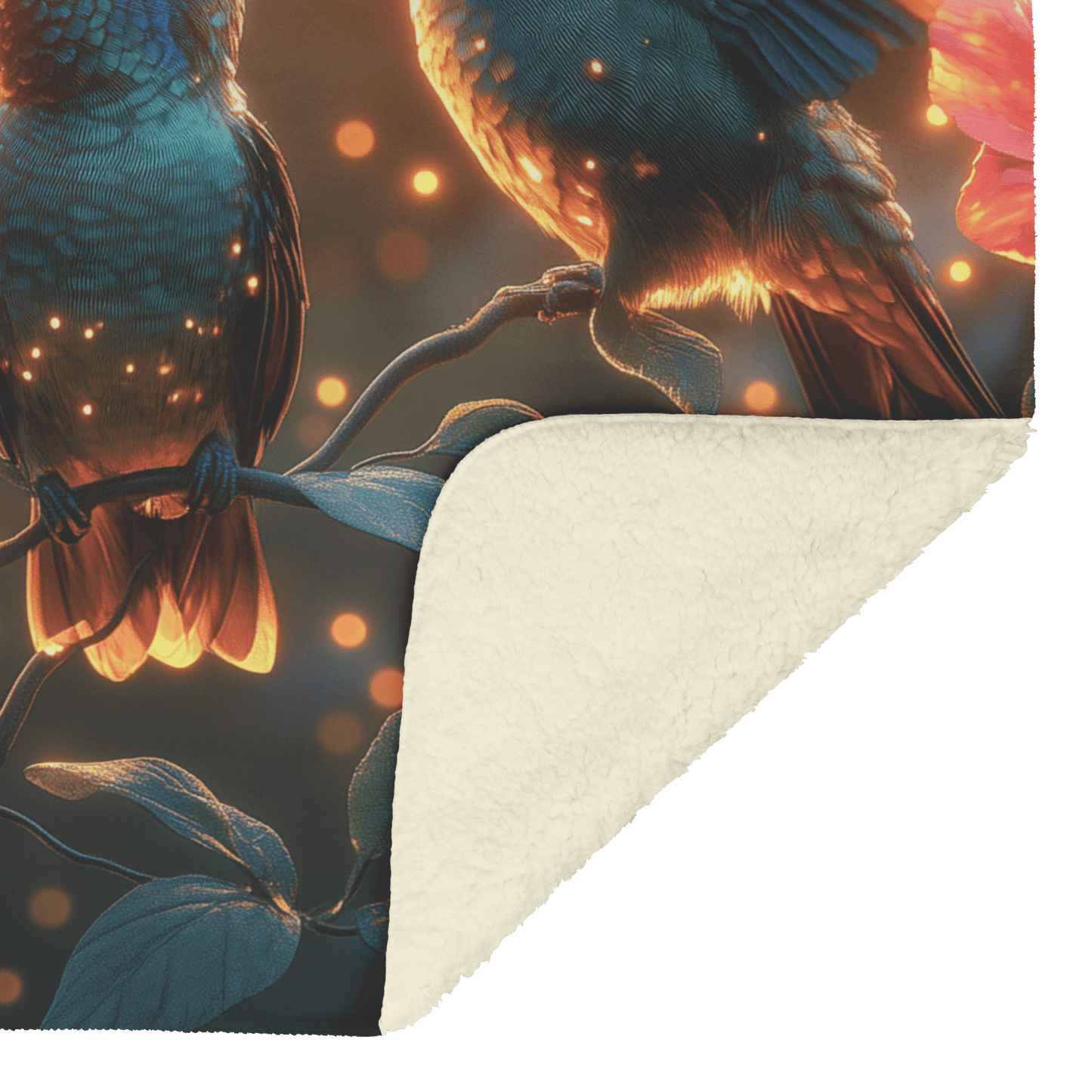 Hummingbirds Drinking Nectar From Bioluminescent Flowers Surrounded by Fireflies in Glowing Forest Fleece Sherpa Blanket - Awakening Righteousness