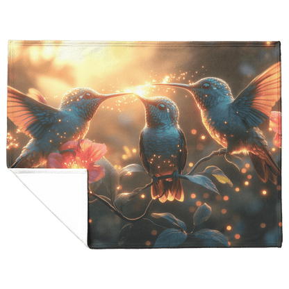 Hummingbirds Drinking Nectar From Bioluminescent Flowers Surrounded by Fireflies in Glowing Forest Fleece Sherpa Blanket - Awakening Righteousness