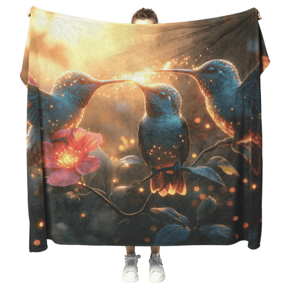Hummingbirds Drinking Nectar From Bioluminescent Flowers Surrounded by Fireflies in Glowing Forest Fleece Sherpa Blanket - Awakening Righteousness