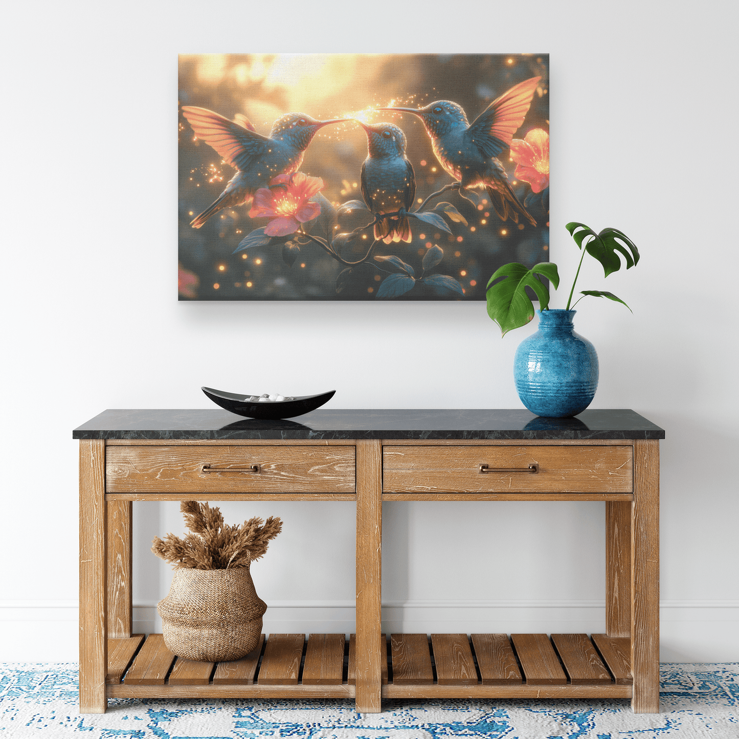 Hummingbirds Drinking Nectar From Bioluminescent Flowers With Fireflies In Glowing Forest Canvas Wall Art Decor - Awakening Righteousness