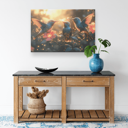 Hummingbirds Drinking Nectar From Bioluminescent Flowers With Fireflies In Glowing Forest Canvas Wall Art Decor - Awakening Righteousness
