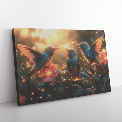 Hummingbirds Drinking Nectar From Bioluminescent Flowers With Fireflies In Glowing Forest Canvas Wall Art Decor - Awakening Righteousness