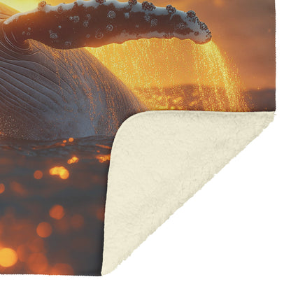 Humpback Whale Breaching Ocean Surface Golden Sunset Glowing Water Droplets Fleece Sherpa Blanket - Awakening Righteousness