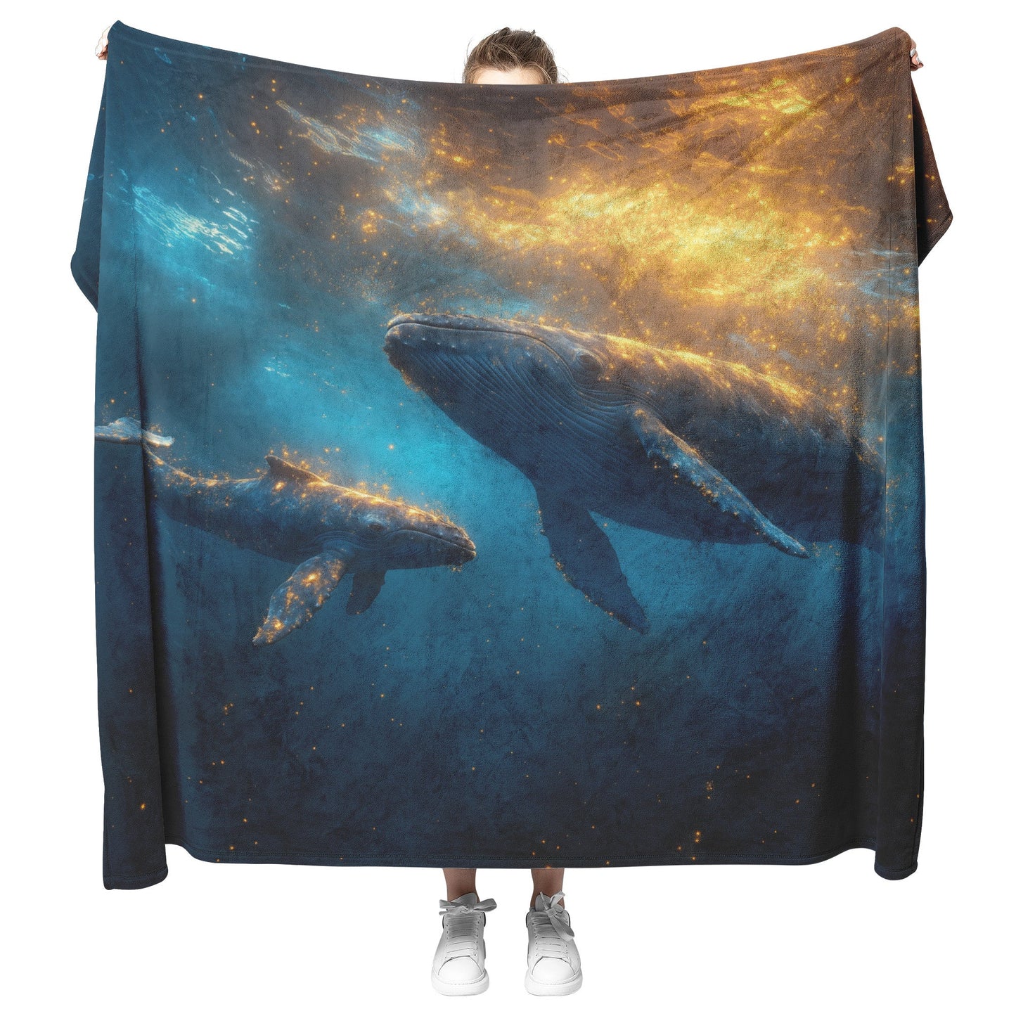Humpback Whale Breaching Ocean Surface Golden Sunset Glowing Water Droplets Fleece Sherpa Blanket - Awakening Righteousness