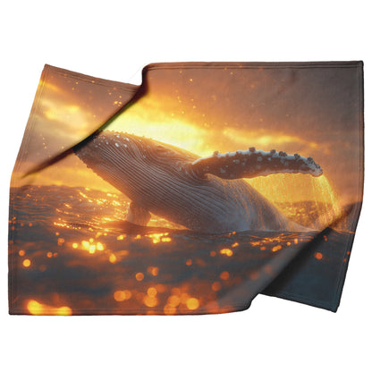 Humpback Whale Breaching Ocean Surface Golden Sunset Glowing Water Droplets Fleece Sherpa Blanket - Awakening Righteousness