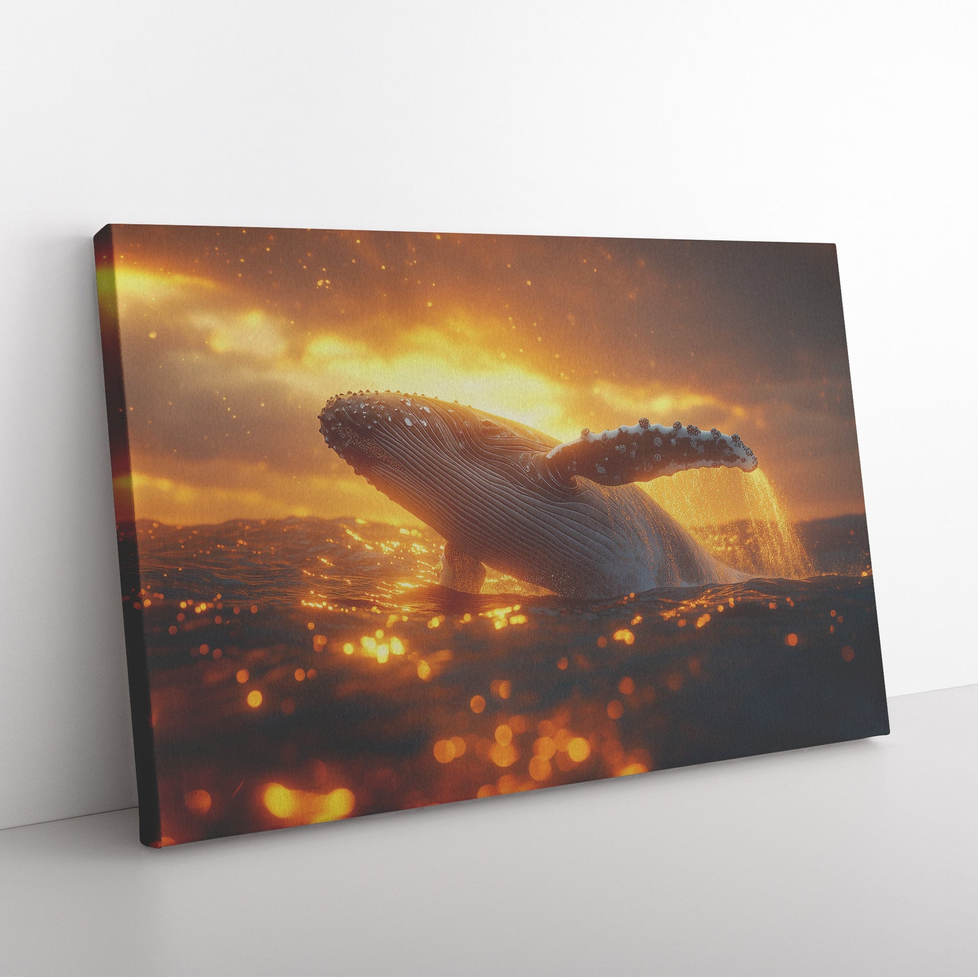 Humpback Whale Breaching Ocean Surface Under Golden Sunset with Glowing Water Droplets Canvas Wall Art Decor - Awakening Righteousness