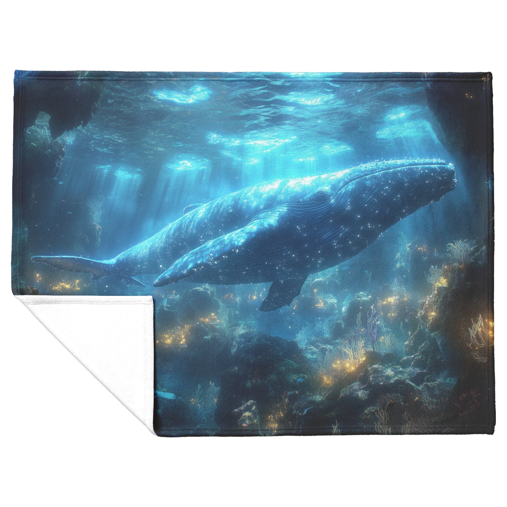 Humpback Whale Swimming Gracefully Through Underwater Canyon Glowing Coral Vibrant Fish Sunlight Fleece Sherpa Blanket - Awakening Righteousness