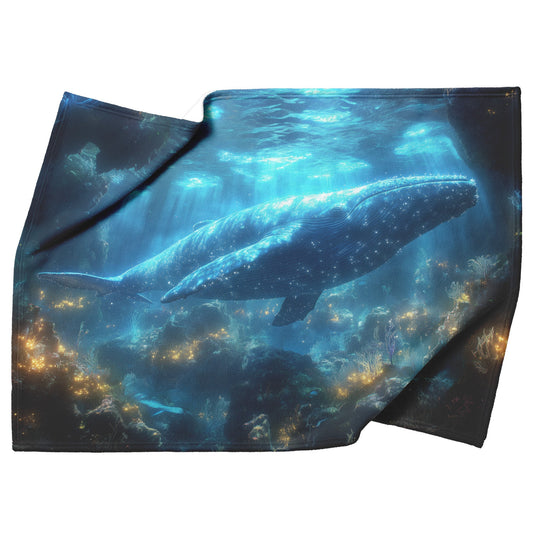 Humpback Whale Swimming Gracefully Through Underwater Canyon Glowing Coral Vibrant Fish Sunlight Fleece Sherpa Blanket - Awakening Righteousness