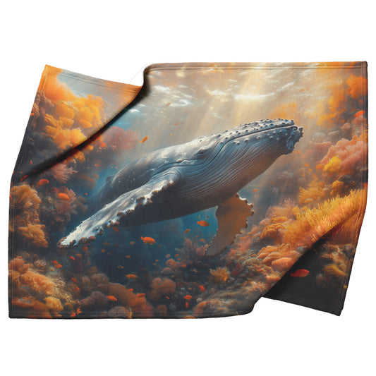 Humpback Whale Swimming Gracefully Through Underwater Canyon Glowing Coral Vibrant Fish Sunlight Fleece Sherpa Blanket - Awakening Righteousness