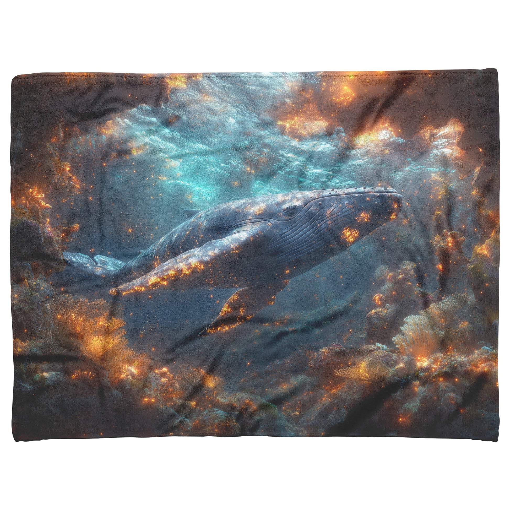 Humpback Whale Swimming Gracefully Through Underwater Canyon Glowing Coral Vibrant Fish Sunlight Fleece Sherpa Blanket - Awakening Righteousness