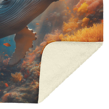 Humpback Whale Swimming Gracefully Through Underwater Canyon Glowing Coral Vibrant Fish Sunlight Fleece Sherpa Blanket - Awakening Righteousness