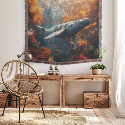 Humpback Whale Swimming Gracefully Through Underwater Canyon Surrounded by Glowing Coral and Vibrant Fish Woven Throw Blanket - Awakening Righteousness