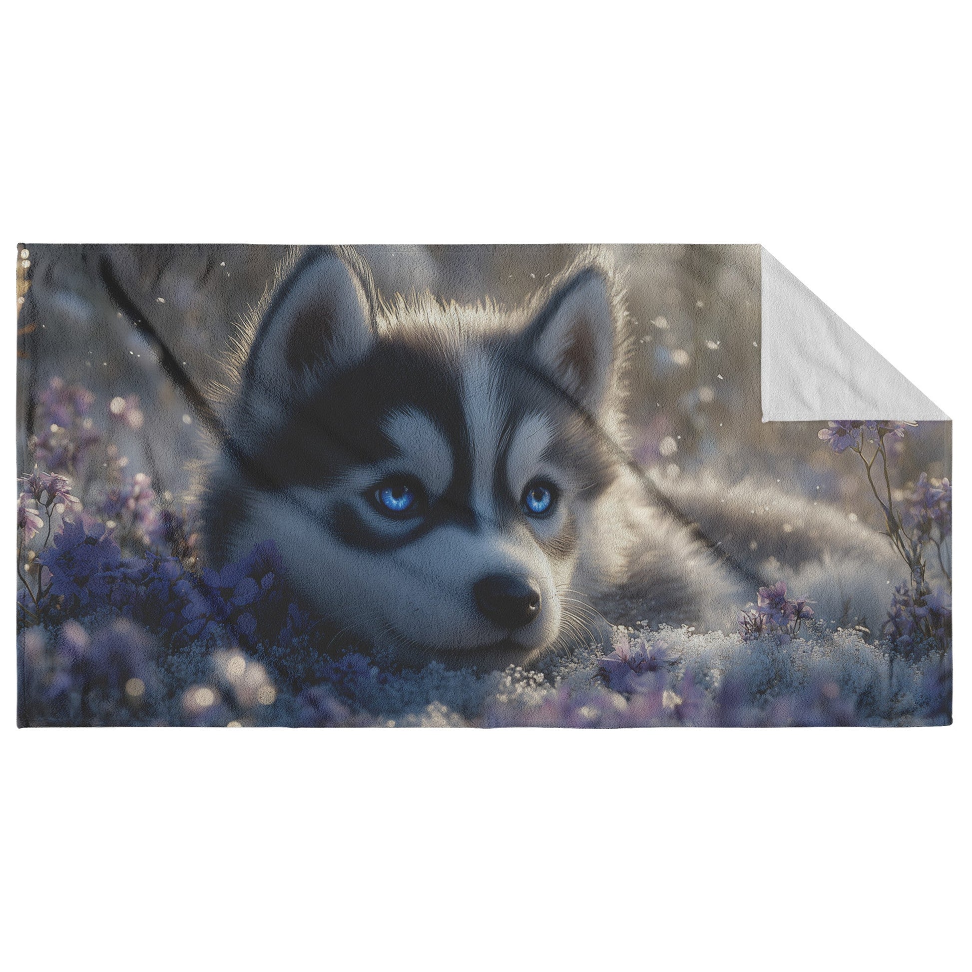 Husky Pup Beach Towel Winter Wonderland Design with Blue-Eyed Husky Amid Snow and Purple Blooms - Awakening Righteousness