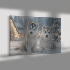 Husky Puppies Playing in Snow Covered Yard with Holiday Lights Canvas Wall Art - Awakening Aesthetics