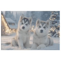 Husky Puppies Playing in Snow Covered Yard with Holiday Lights Canvas Wall Art - Awakening Aesthetics