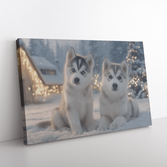 Husky Puppies Playing in Snow Covered Yard with Holiday Lights Canvas Wall Art - Awakening Aesthetics