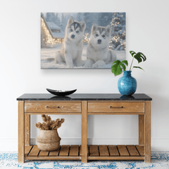 Husky Puppies Playing in Snow Covered Yard with Holiday Lights Canvas Wall Art - Awakening Aesthetics