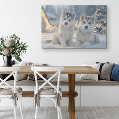 Husky Puppies Playing in Snow Covered Yard with Holiday Lights Canvas Wall Art - Awakening Aesthetics
