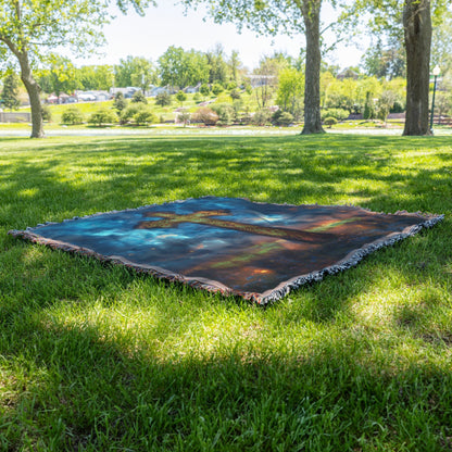 Illuminated Celtic Cross at Sunset Woven Throw Blanket for Inspirational Christian Home Decor and Cozy Comfort - Awakening Righteousness