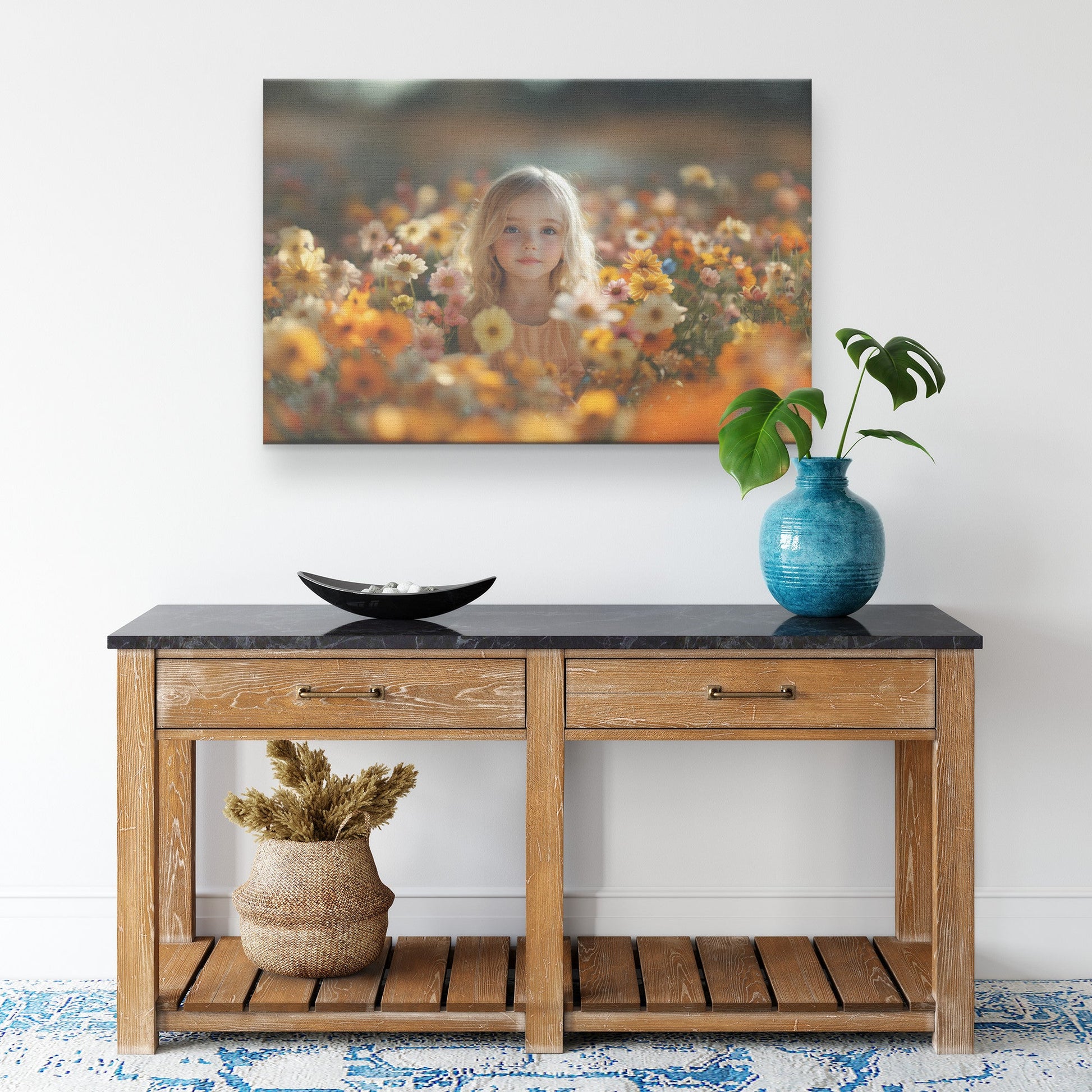 Innocent Beauty of a Young Girl Surrounded by Vibrant Flowers Christian Canvas Wall Art for Home Church and Gift Decor - Awakening Righteousness