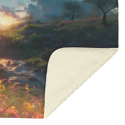 Inspirational Cross in Flowering Meadow Fleece Sherpa Blanket with Beautiful Sky and Vibrant Colors - Awakening Righteousness