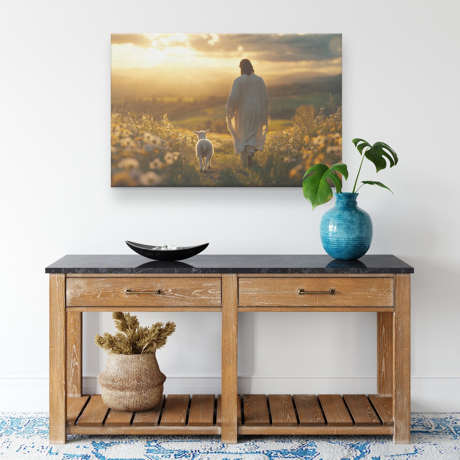 Jesus Walking in a Flower Field with White Lamb and Golden Hour Sun Rays Christian Canvas Wall Art Decor - Awakening Righteousness