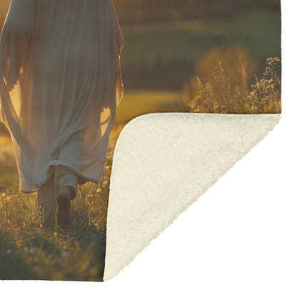 Jesus Walking Through Flower Field With White Lamb Cozy Christian Fleece Sherpa Blanket - Awakening Righteousness