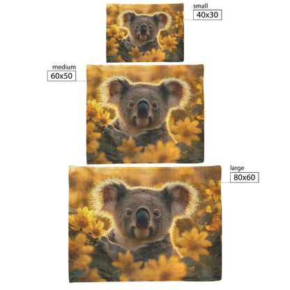 Koala Peeking Behind Tree Surrounded by Blooming Flowers Under Golden Sunlight Peaceful Natural Scene Blanket - Awakening Righteousness