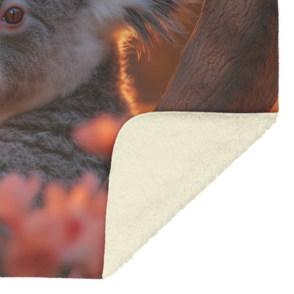 Koala Peeking from Behind Tree Surrounded by Blooming Flowers Under Golden Sunlight Fleece Sherpa Blanket - Awakening Righteousness