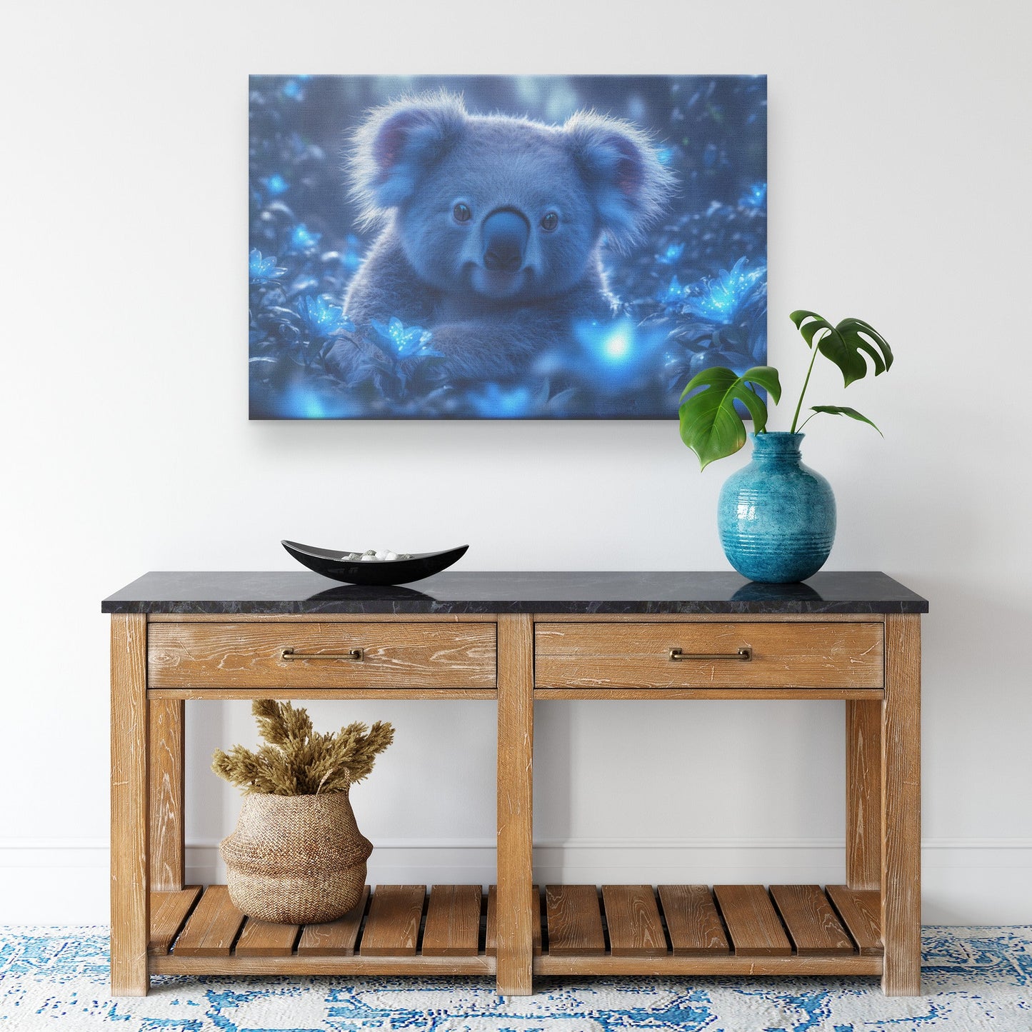 Koala Surrounded by Bioluminescent Plants Glowing Blue and Green in Magical Night Forest Canvas Wall Art Decor - Awakening Righteousness