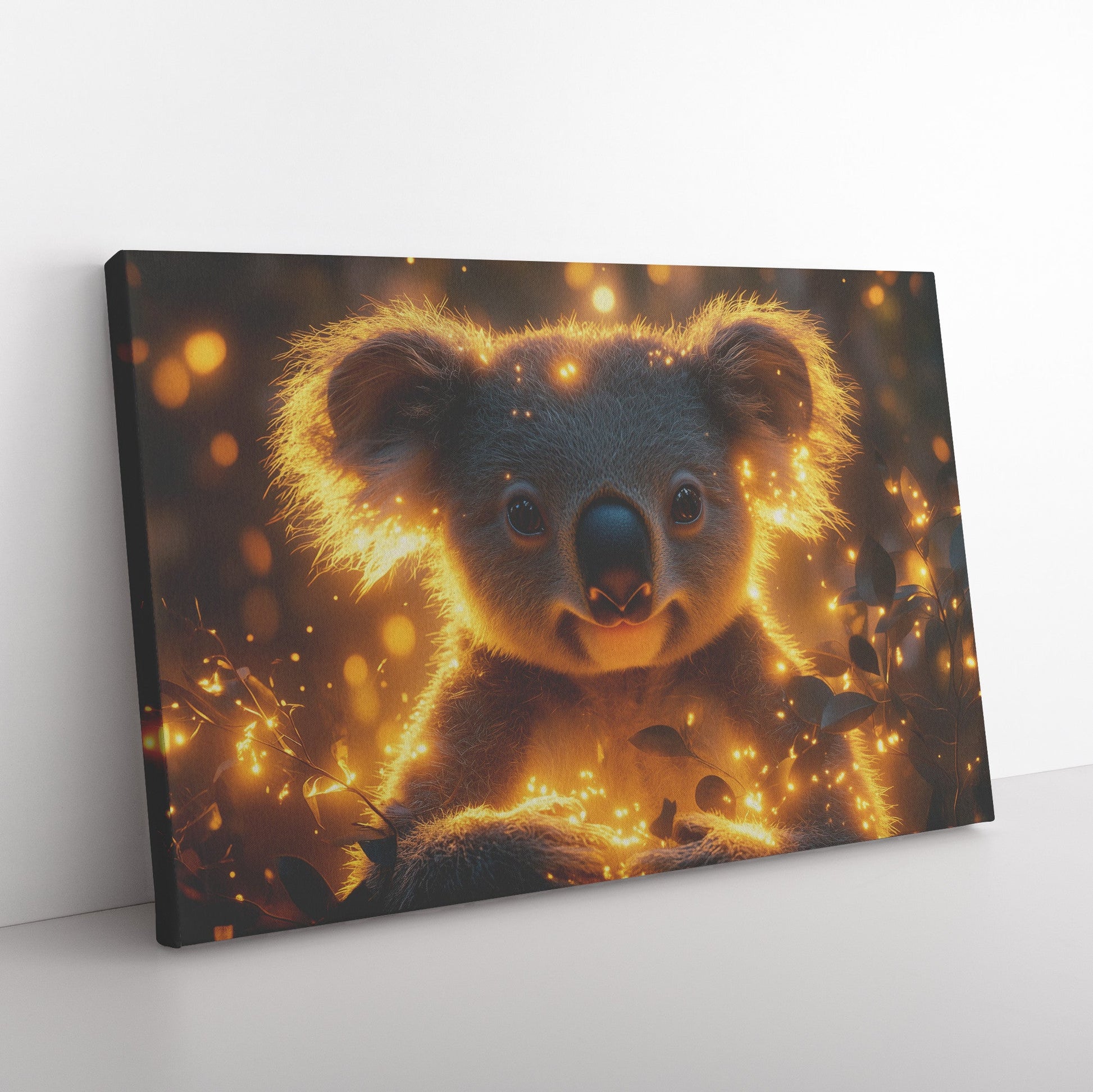 Koala Surrounded by Glowing Eucalyptus Leaves and Ethereal Light in Magical Forest Canvas Wall Art Decor - Awakening Righteousness