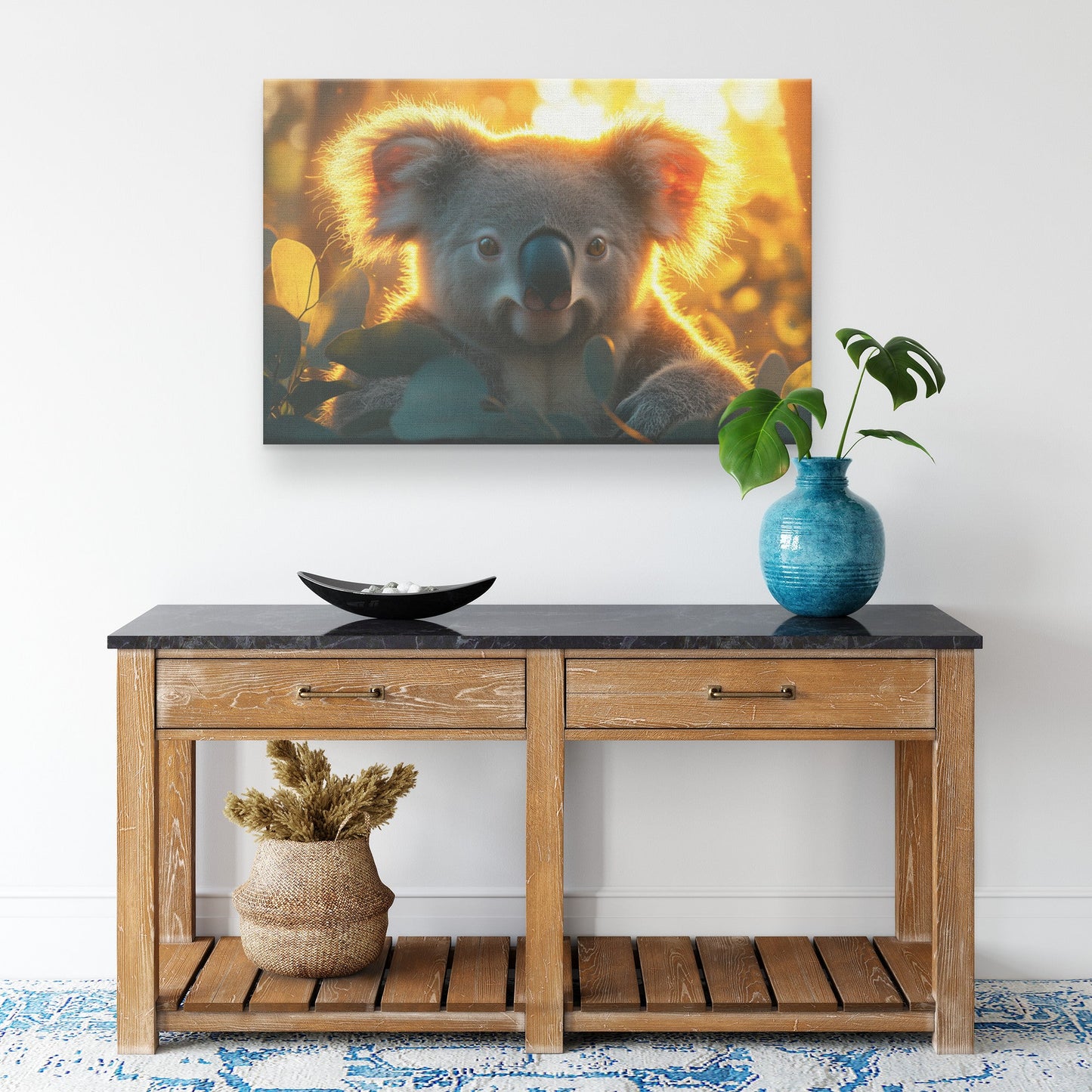 Koala Surrounded by Glowing Eucalyptus Leaves and Ethereal Light Magical Forest Canvas Wall Art Decor - Awakening Righteousness