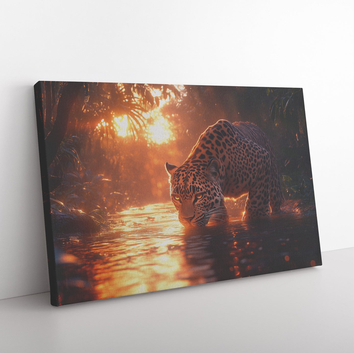 Leopard Canvas Wall Art Decor Drinking Water from Glowing River Surrounded by Lush Jungle Trees Under Twilight Sky - Awakening Righteousness