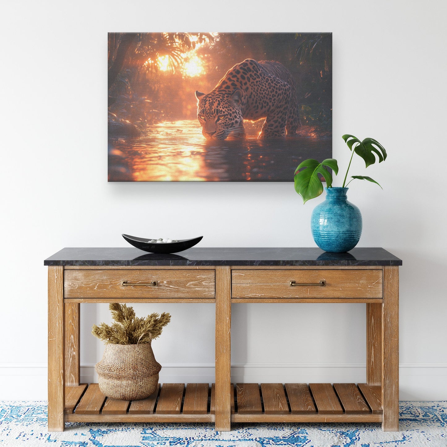 Leopard Canvas Wall Art Decor Drinking Water from Glowing River Surrounded by Lush Jungle Trees Under Twilight Sky - Awakening Righteousness