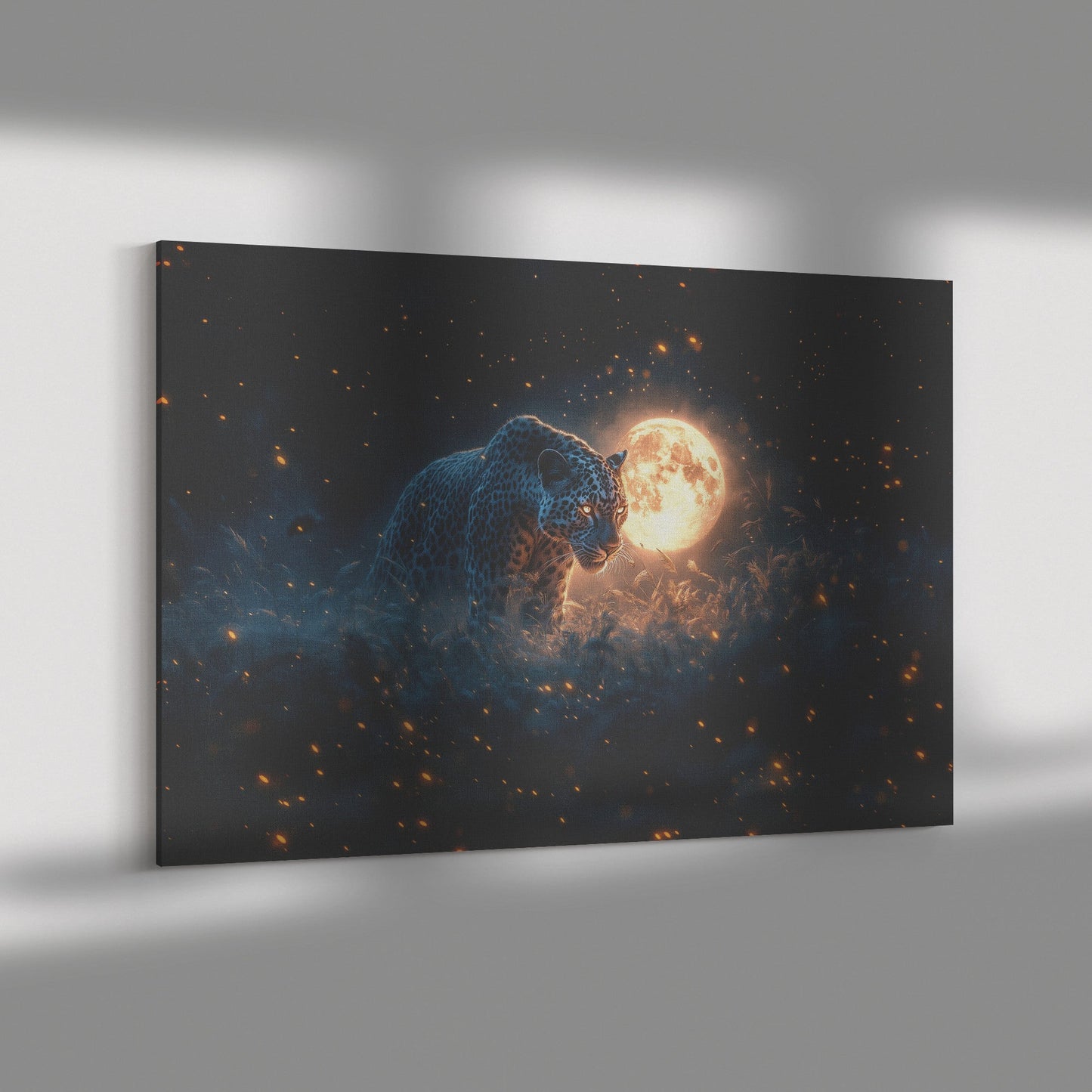 Leopard Canvas Wall Art Decor Hunting Under Glowing Moonlight in Open Savanna Surrounded by Misty Grass - Awakening Righteousness