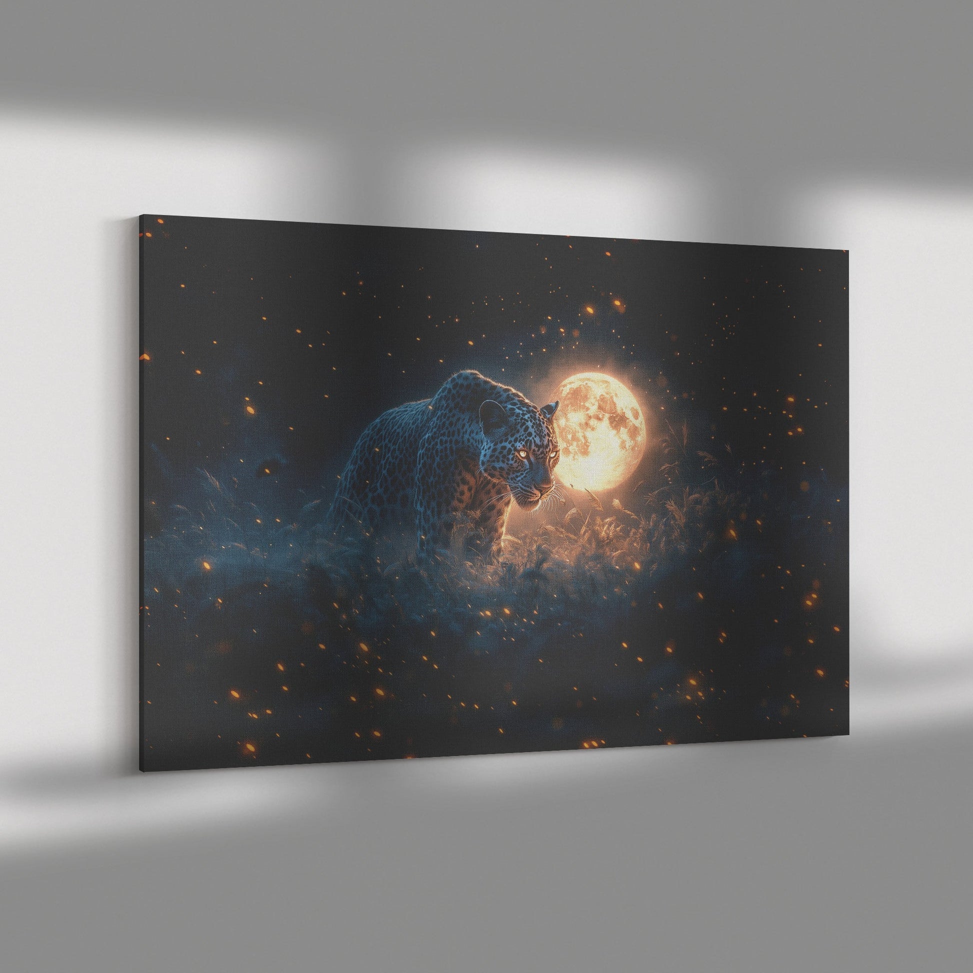 Leopard Canvas Wall Art Decor Hunting Under Glowing Moonlight in Open Savanna Surrounded by Misty Grass - Awakening Righteousness