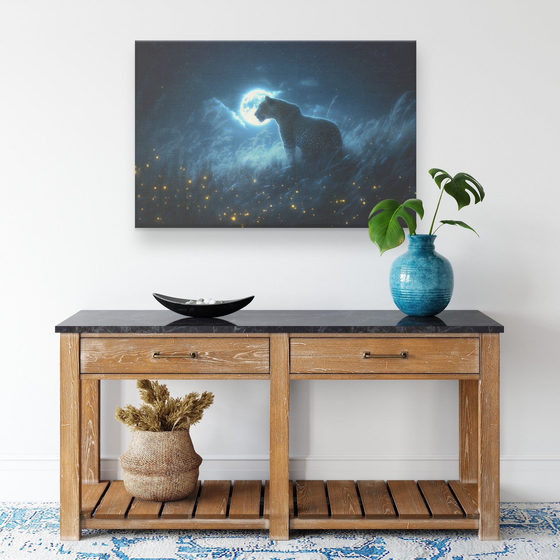 Leopard Canvas Wall Art Decor Hunting Under Glowing Moonlight in Open Savanna Surrounded by Misty Grass - Awakening Righteousness