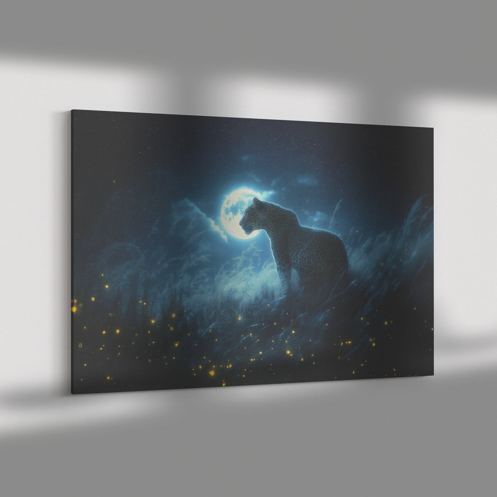 Leopard Canvas Wall Art Decor Hunting Under Glowing Moonlight in Open Savanna Surrounded by Misty Grass - Awakening Righteousness