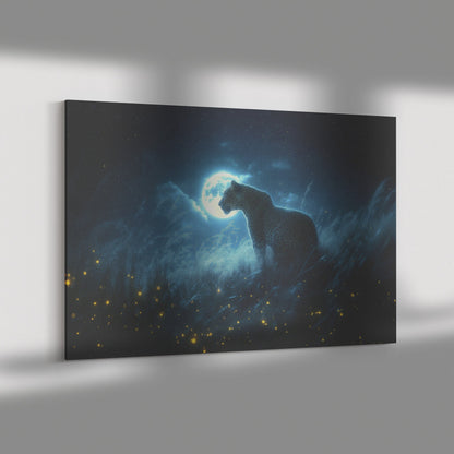 Leopard Canvas Wall Art Decor Hunting Under Glowing Moonlight in Open Savanna Surrounded by Misty Grass - Awakening Righteousness