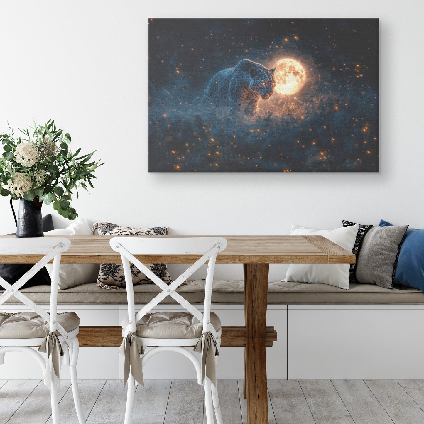 Leopard Canvas Wall Art Decor Hunting Under Glowing Moonlight in Open Savanna Surrounded by Misty Grass - Awakening Righteousness