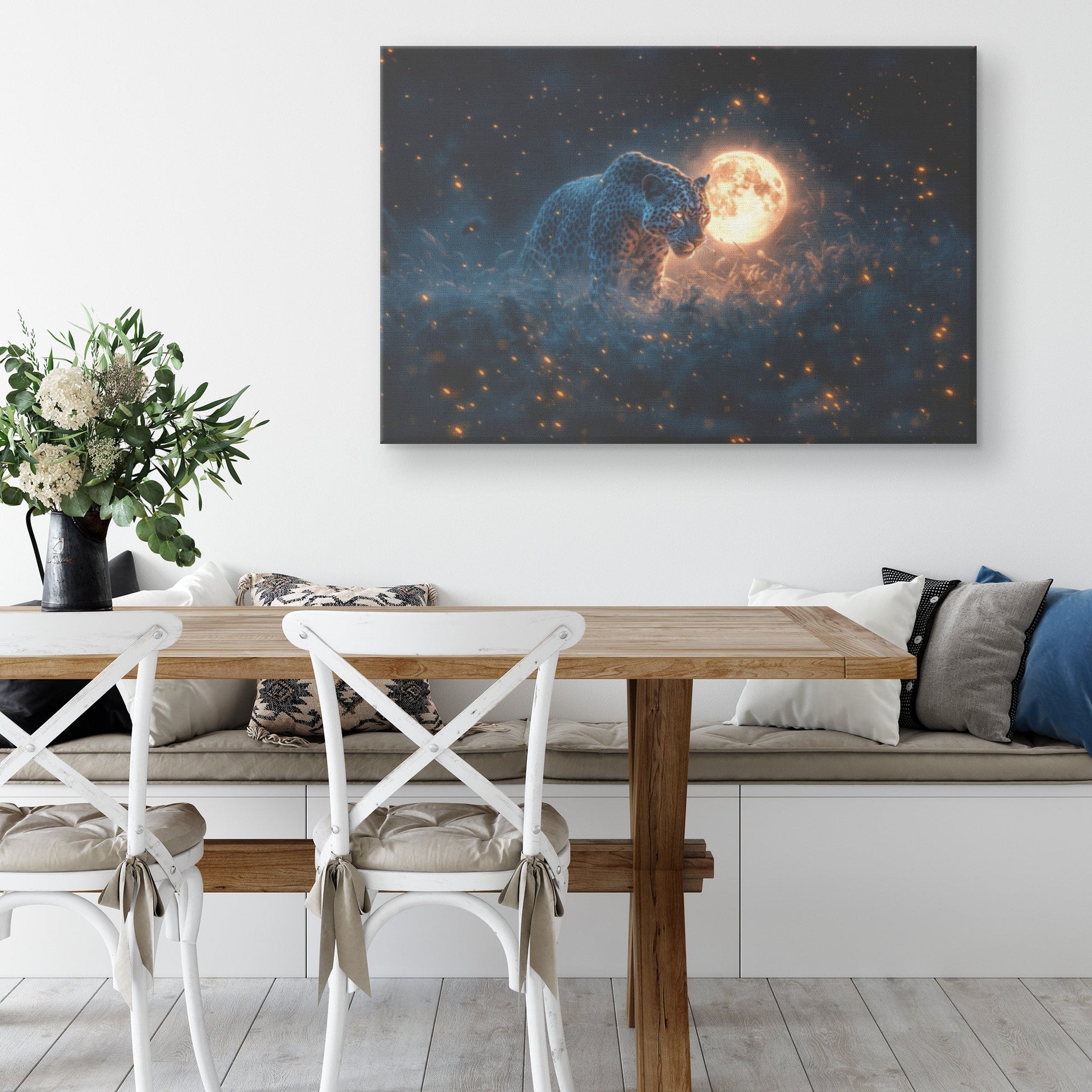 Leopard Canvas Wall Art Decor Hunting Under Glowing Moonlight in Open Savanna Surrounded by Misty Grass - Awakening Righteousness
