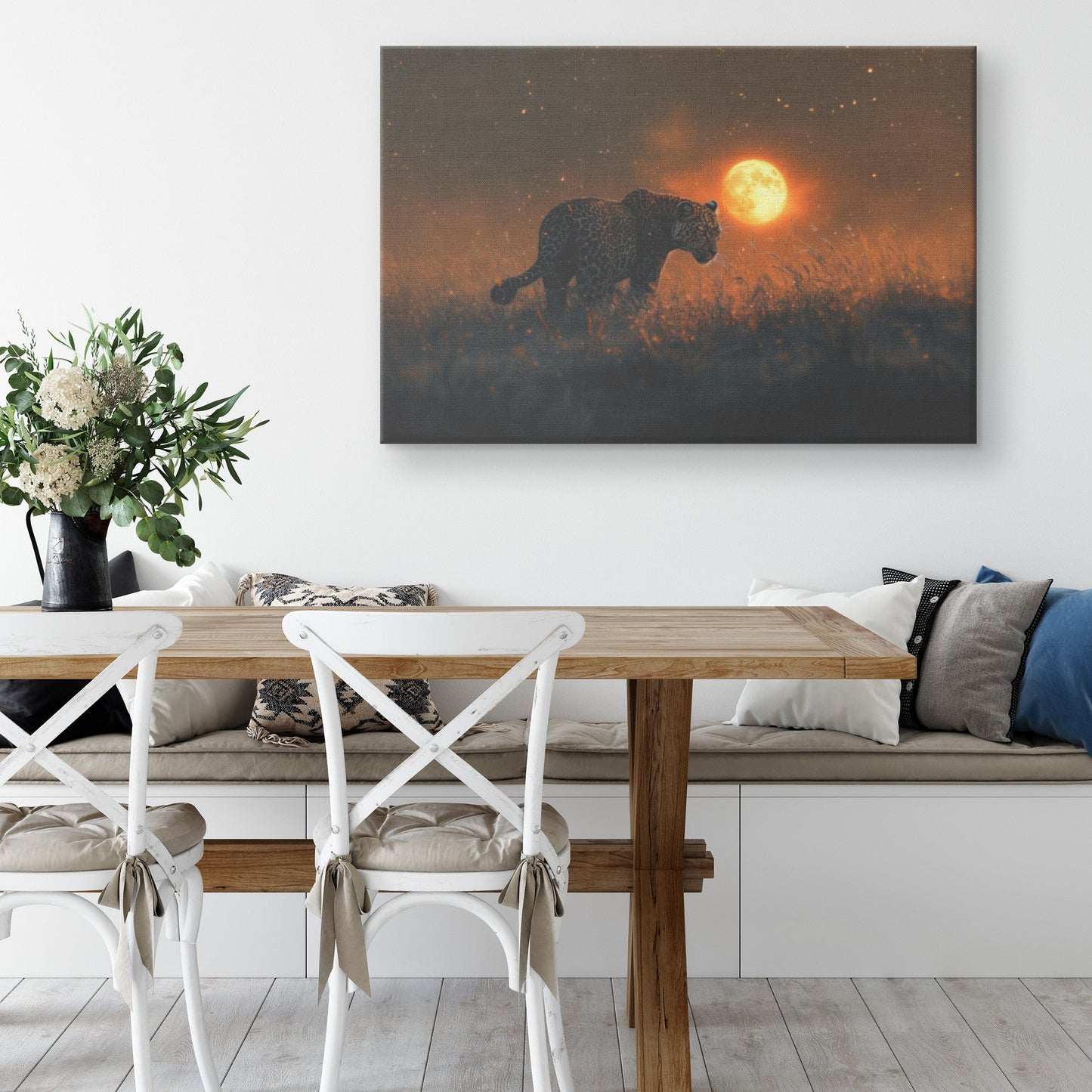 Leopard Canvas Wall Art Decor Hunting Under Glowing Moonlight in Open Savanna Surrounded by Misty Grass - Awakening Righteousness